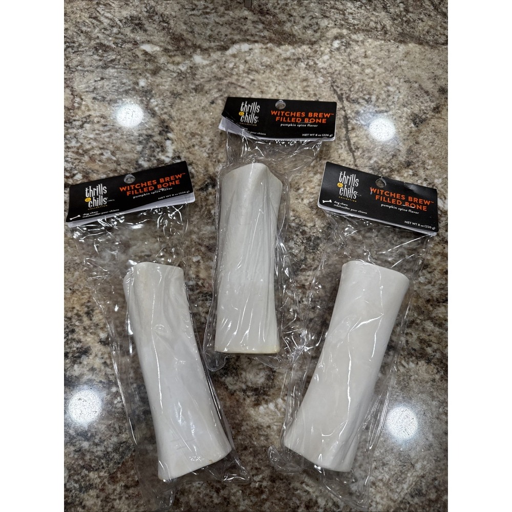 Lot Of 3 Thrills & Chills "Witches Brew" Pumpkin Spice Flavor Dog Chew 8oz Bones